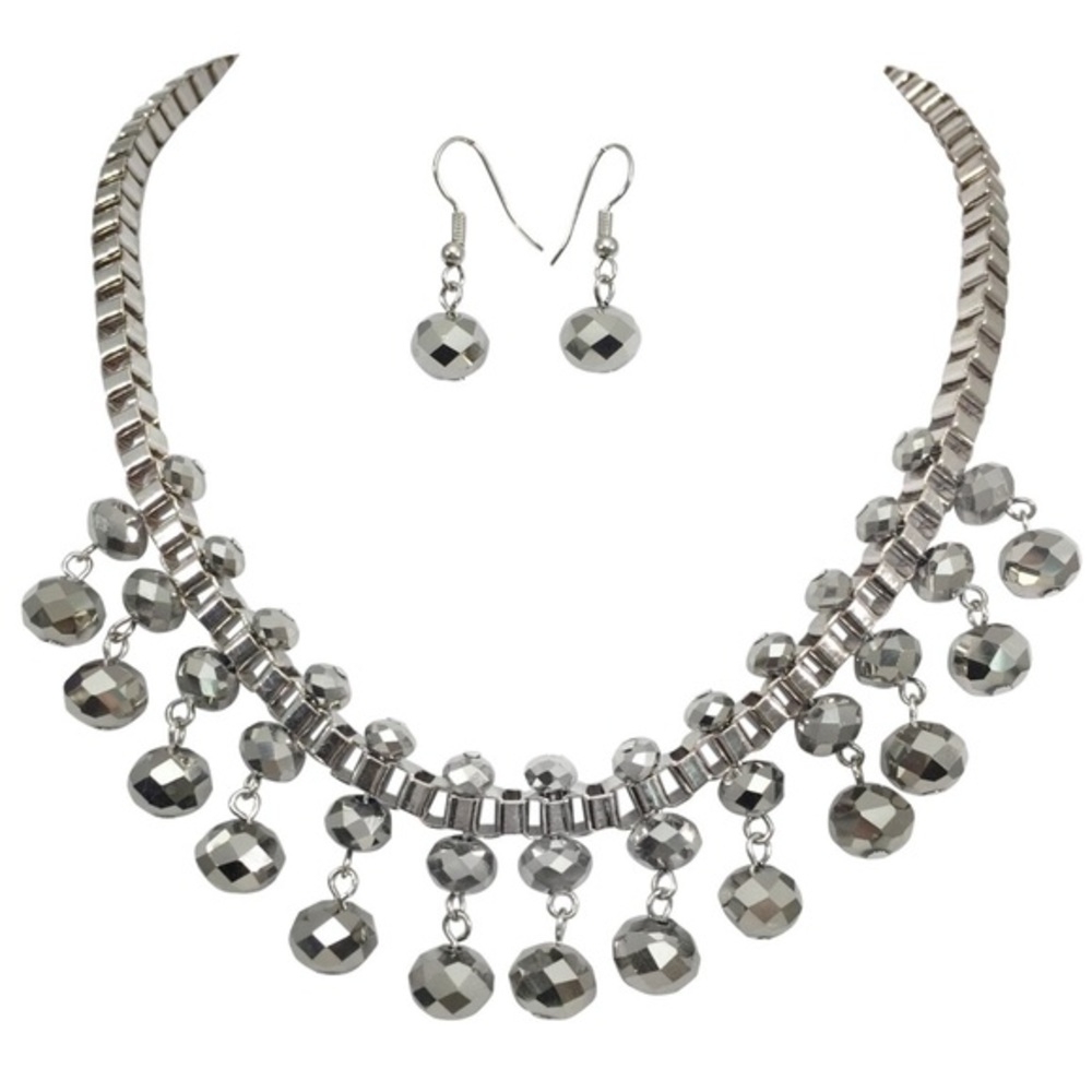 Hematite Grey Glass Drop Box Chain Necklace Set
